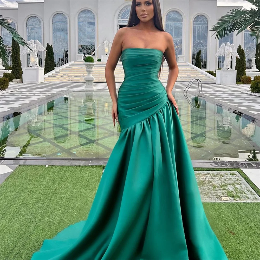 Sansa Green Satin Prom Dress Strapless Mermaid Cascading Ruffle Party Dresses Elegant Sleeveless Floor-Length vestidos de fiesta