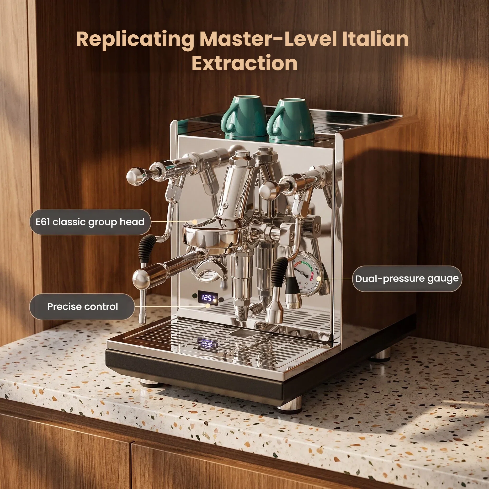 Stainless Steel E61 Espresso Machine 2L Boiler, PID Temp Control, Dual Pressure Gauges, ULKA Pump, Coffee Maker for Home or Cafe