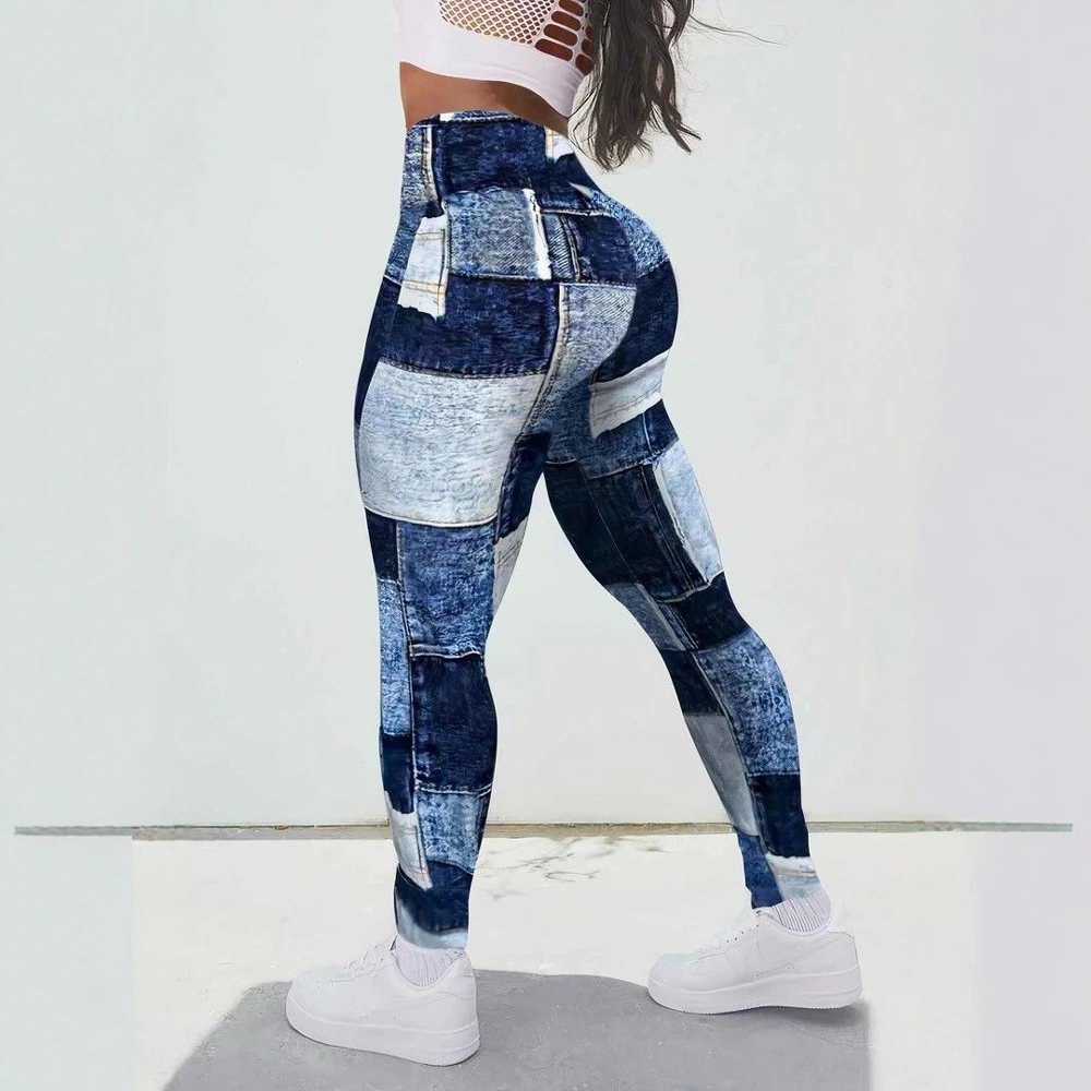 Women's High Waist Printed Yoga Fitness Trousers Denim Sports Tight Leggings plus Size Hip Lifting