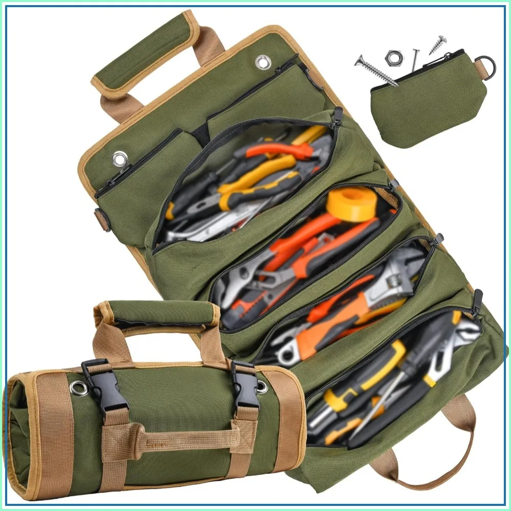 

Heavy Duty Tool Bag for Men, Portable Roll Up Tool Organizer for Mechanic, Electrician, Hobbyist - Car Tool Roll