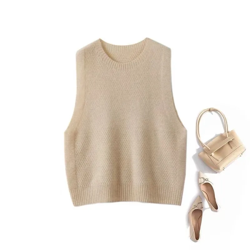2024 Autumn/Winter Premium Feel 100% Wool O-Neck Seamless Knitted Vest Pullover Fashion Solid Simple Versatile Sleeveless Tops