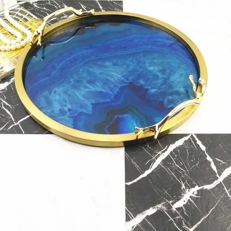 European light luxury blue agate pattern metal storage tray cup tea tray living room entrance decorative storage tray ornament