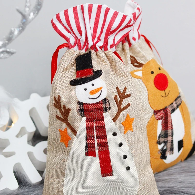 Christmas Gift Bag 18x30cm Santa Gingerbread Man Cotton Burlap Bag For Candy Bag Linen Jewelry Bag Christmas Gift Drawstring Bag