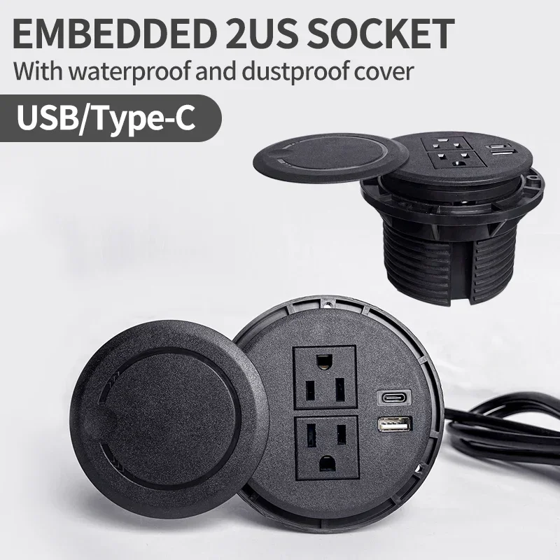 

Настольная многофункциональная розетка 2US с USB Type-C, встраиваемая настольная розетка, круглая розетка