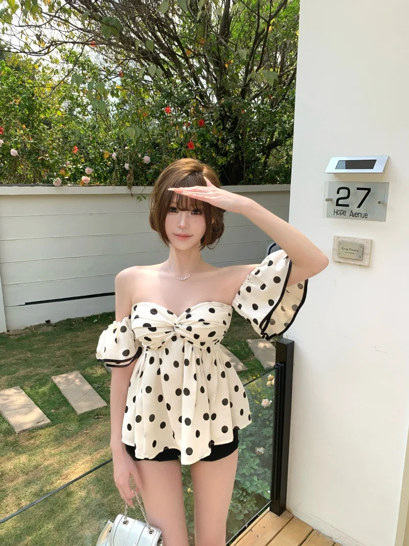 

Retro Polka Dot plus Size Women's irt Summer Design Sensation Lace Trim oulder Bared Elegance One oulder Top