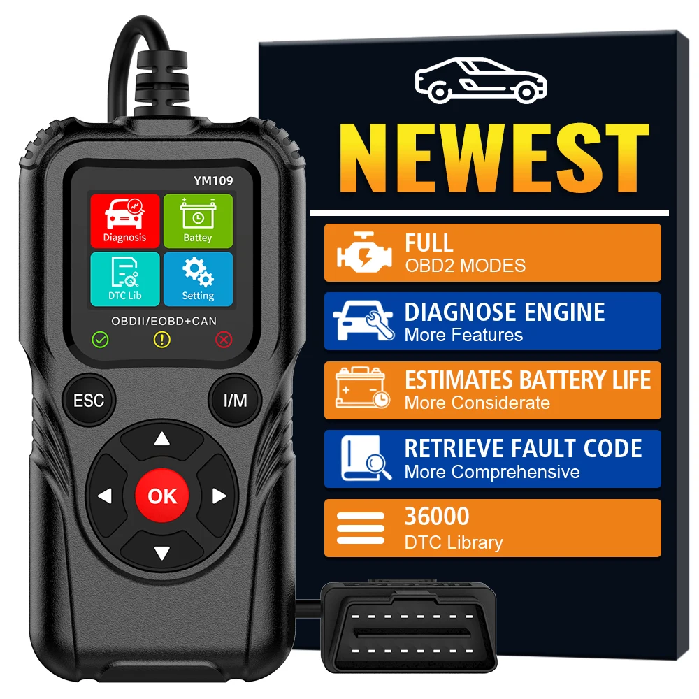 

OBD II EOBD сканер проверка системы двигателя автомобильные диагностические инструменты код неисправности тестер прозрачного аккумулятора ​ Автомобильный считыватель кодов OBD2 YM109