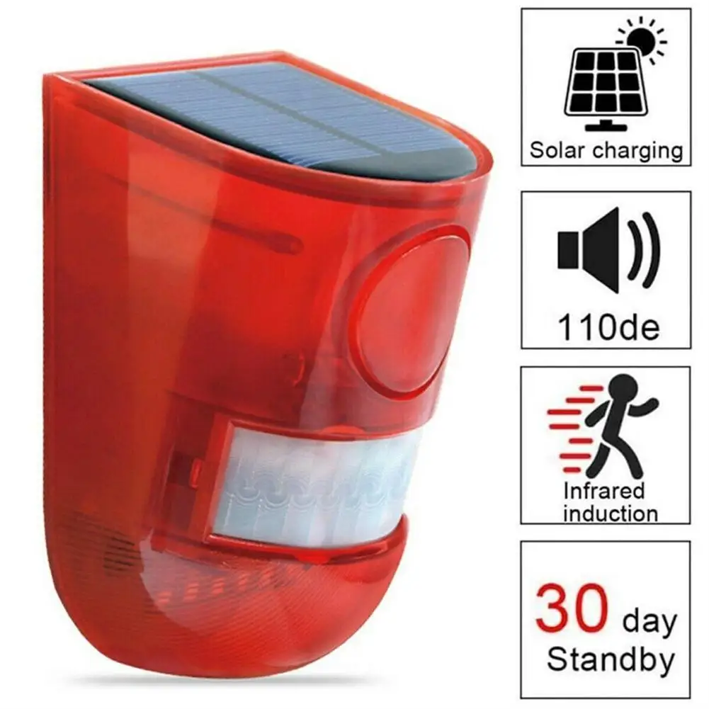 Solar Sound Light Alarme com sensor de movimento, sirene Sound Alert, LED Flash Warning Strobe, alarme de segurança para fazenda e Villa, 110 decibéis