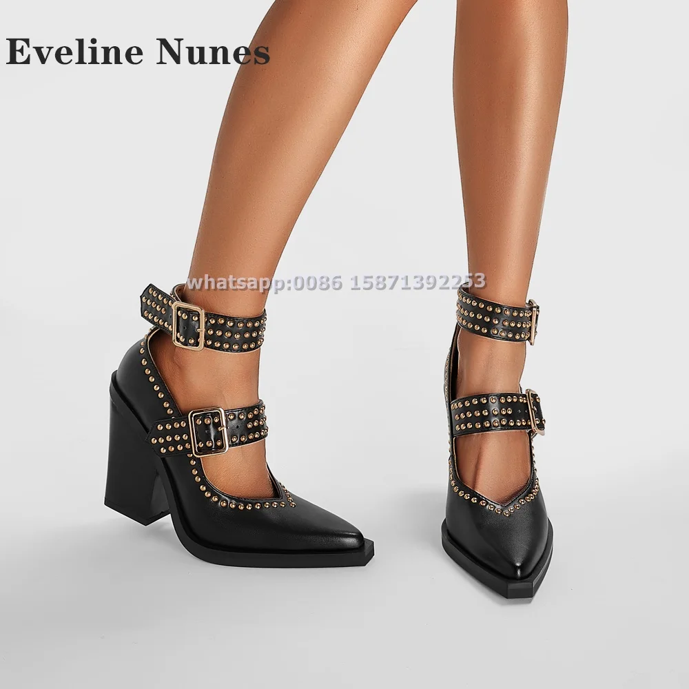 

Rivet Belt Buckle Mary Janes Pointed Toe Chunky Heels Shallow V-Cut Buckle Strap Women Pumps Punk Retro Large Size Shoes 2024