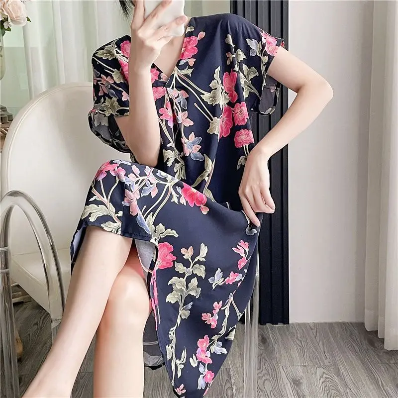 Cotton and Silk Nightgown Korean Version Large Size Loose Loungewear  2006 Women's Summer Short-sleeved Cartoon Printed Pajamas