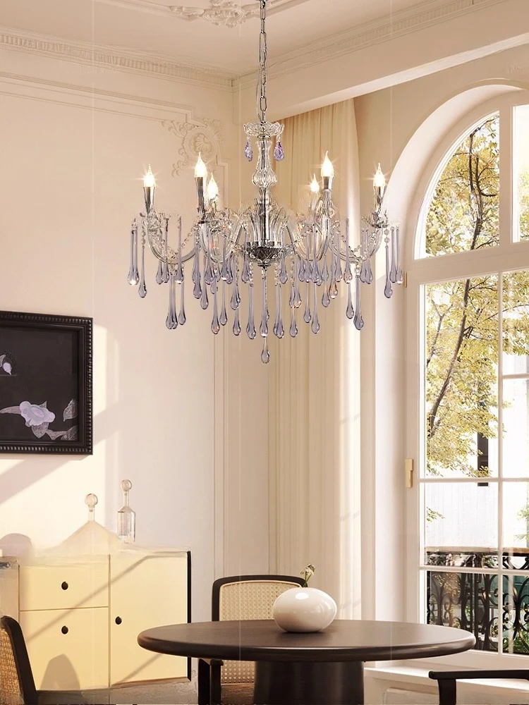 

French living room crystal chandelier bedroom purple water drop lamp snot lamp high-end dining room candle lamp personalized art