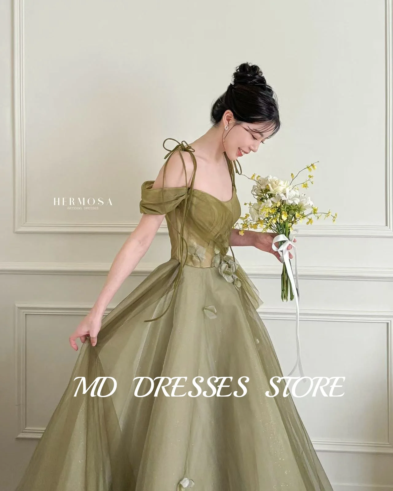 MD Fairy Green Wedding Dress A-line Tulle Off Shoulder Applique Korea PhotoShoot Floor-Length Prom Gown Customised Evening Dress