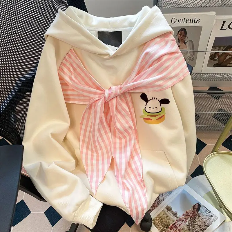 

Модная мягкая и милая толстовка Sanrio Pochacco Milk Fufu для девочек, осенне-зимняя, в студенческом стиле, с бантом, с капюшоном, топы-куртки