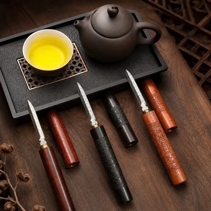 Damascus Steel Tea Knife Ebony Carving Handle Tea Needle Pu'er Tea Cake Brick Prying Tool Tea Set Accessories