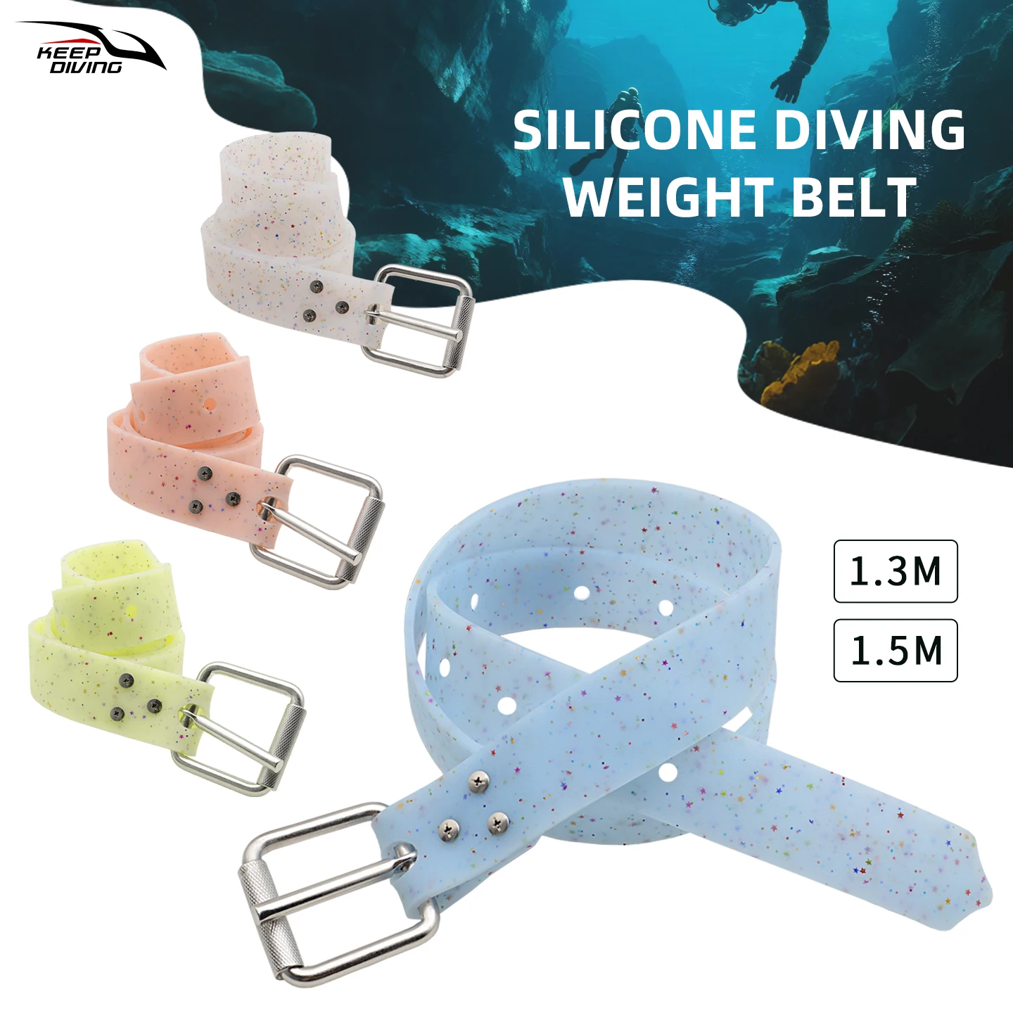 1Pcs 1.3M/1.5M Diving Silicone Weight Belt With Embedded Colorful Glitter Quick Release Adjustable Freediving Belt Accessories