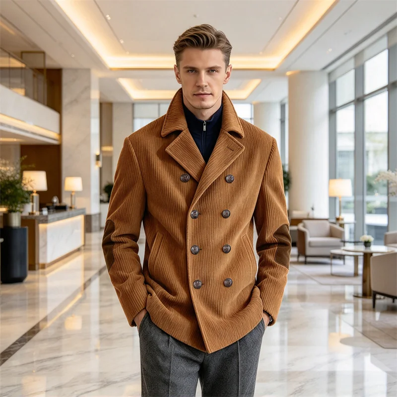 Men's Corduroy Double Breasted Blazer with Elbow Patches Vintage Jacket Slim Fit Fall Winter Daily Business Casual Outerwear