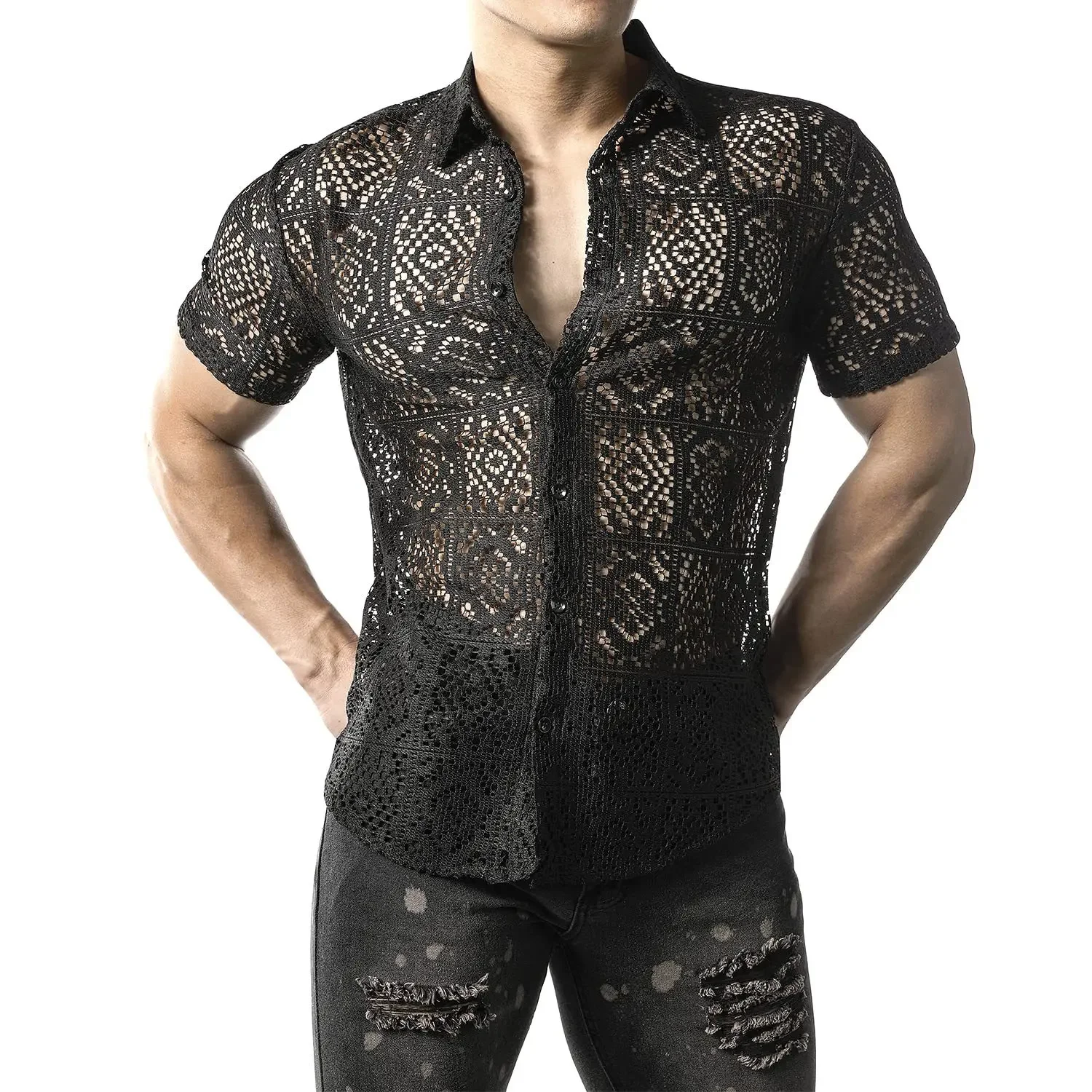 

Mens Shirt Summer New Fashion Lace Short Sleeve Loose Casual T-shirt for Men