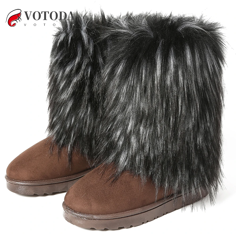 VOTODA New Women Fur Boots Faux Fur Snow Boots Warm Short Plush Lining Fluffy Winter Boots Fashion Furry Shoes Woman Fuzzy Boots