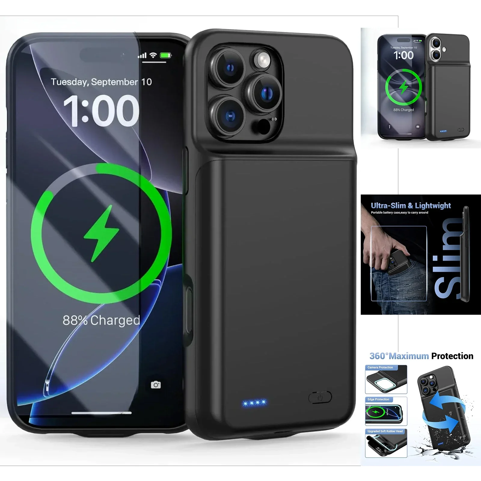 

for iPhone 16 Pro Max/16 Pro/16E/16 Plus Smart Battery Charger Case Battery Pack Power Bank External Charging Cover bateria