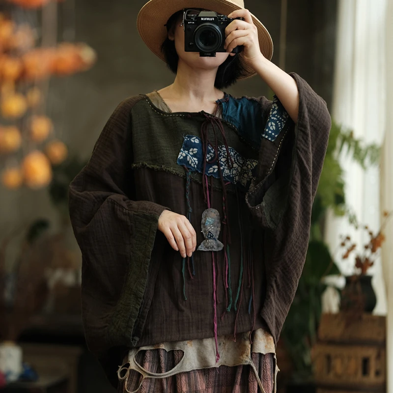 

Oversized Women Cotton Linen Casual T-shirt New 2025 Autumn Vintage Style O-neck Patchwork Female Batwing Sleeve Tops Tees M1871