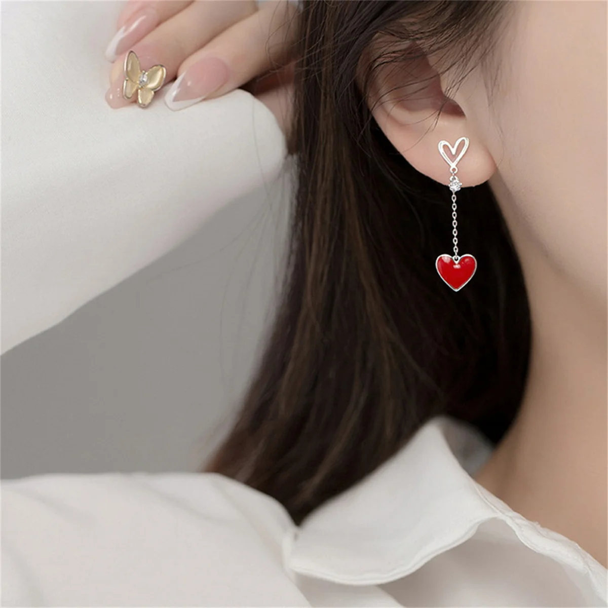 Korean New Design Asymmetric Love Heart Earrings For Women Girls Elegant Pearl Long Tassel Drop Earrings Fashion Jewelry Gift