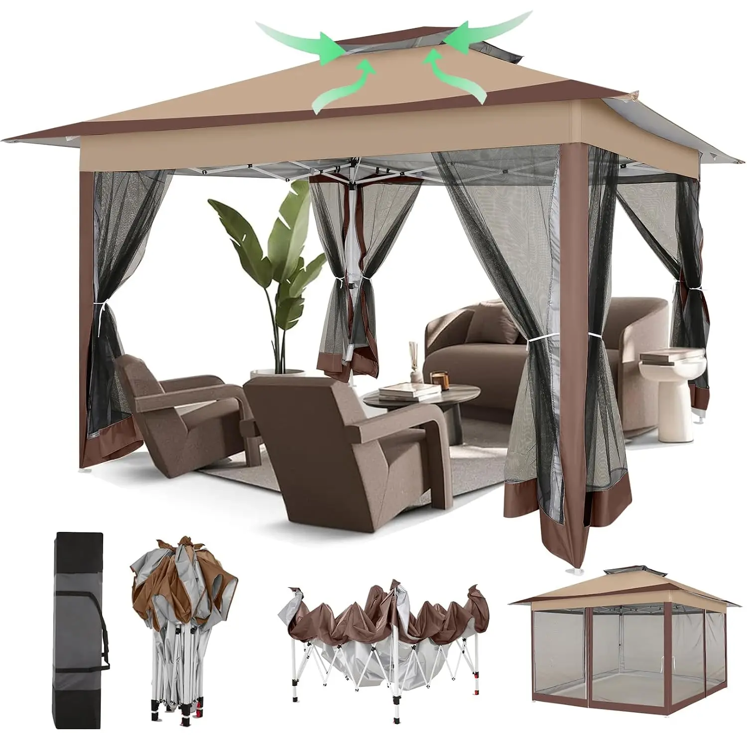 12x12 Pop Up Gazebo Waterproof Metal Frame Mosquito Netting 4 Ropes 8 Stakes Carry Bag Patio Garden Outdoor, Customized