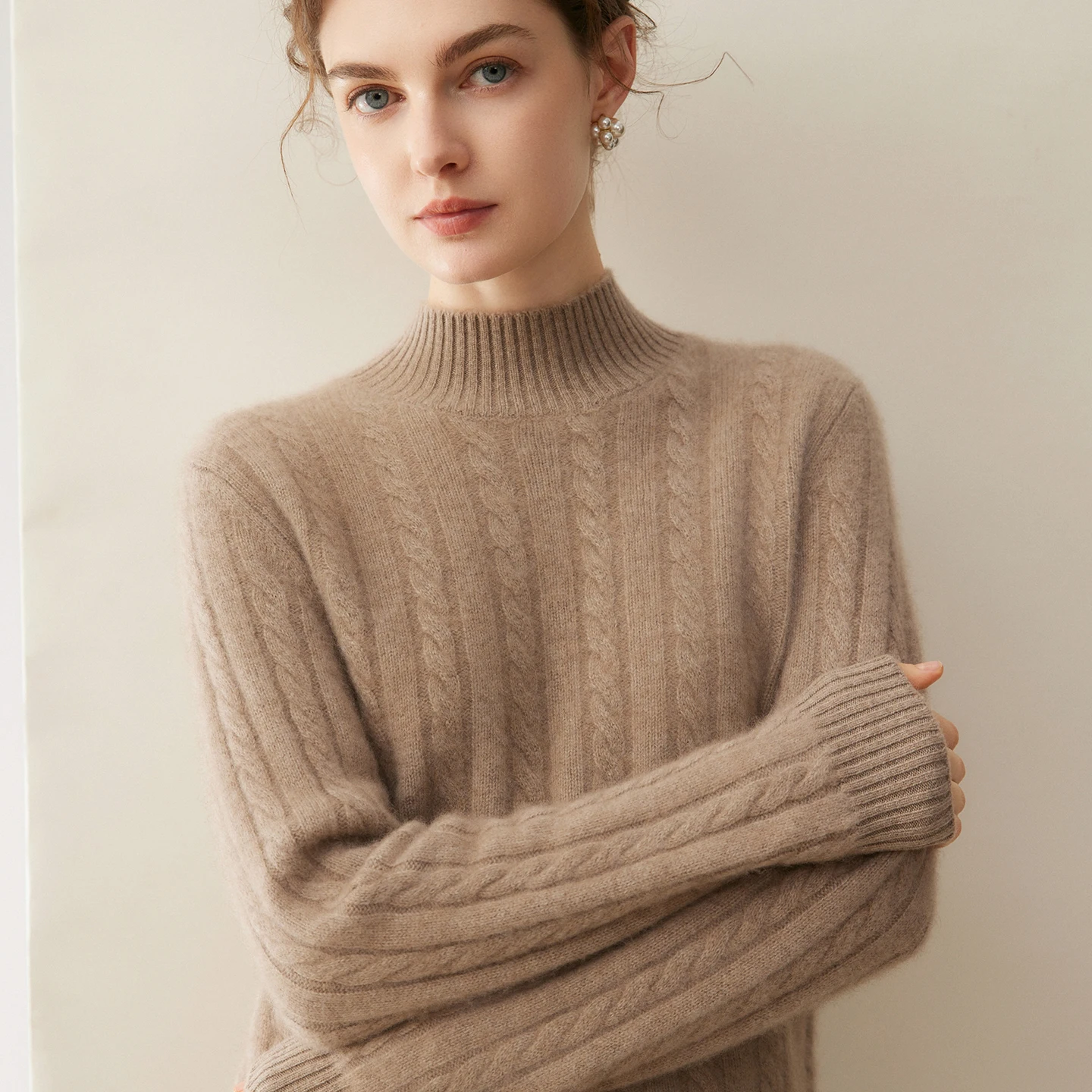 A-class high-quality women's 100% cashmere sweater casual solid color knitted Jumper Blouse Mock Neck Tops basic blouse