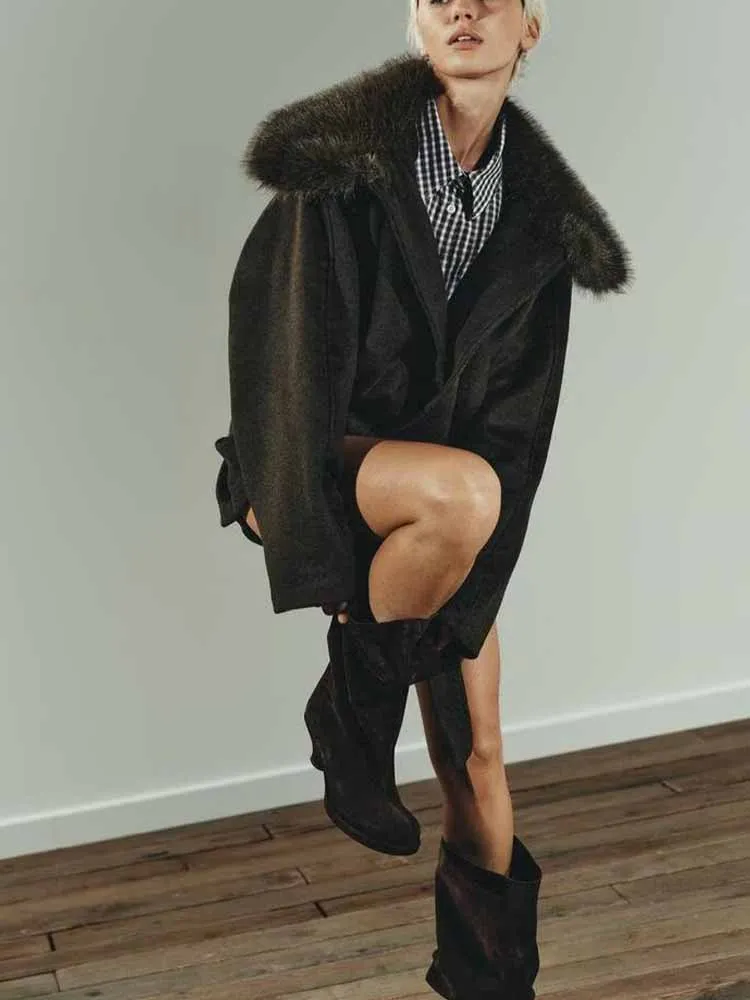 

European and American style winter new fashion trend simple casual women's blended faux fur collar coat coat