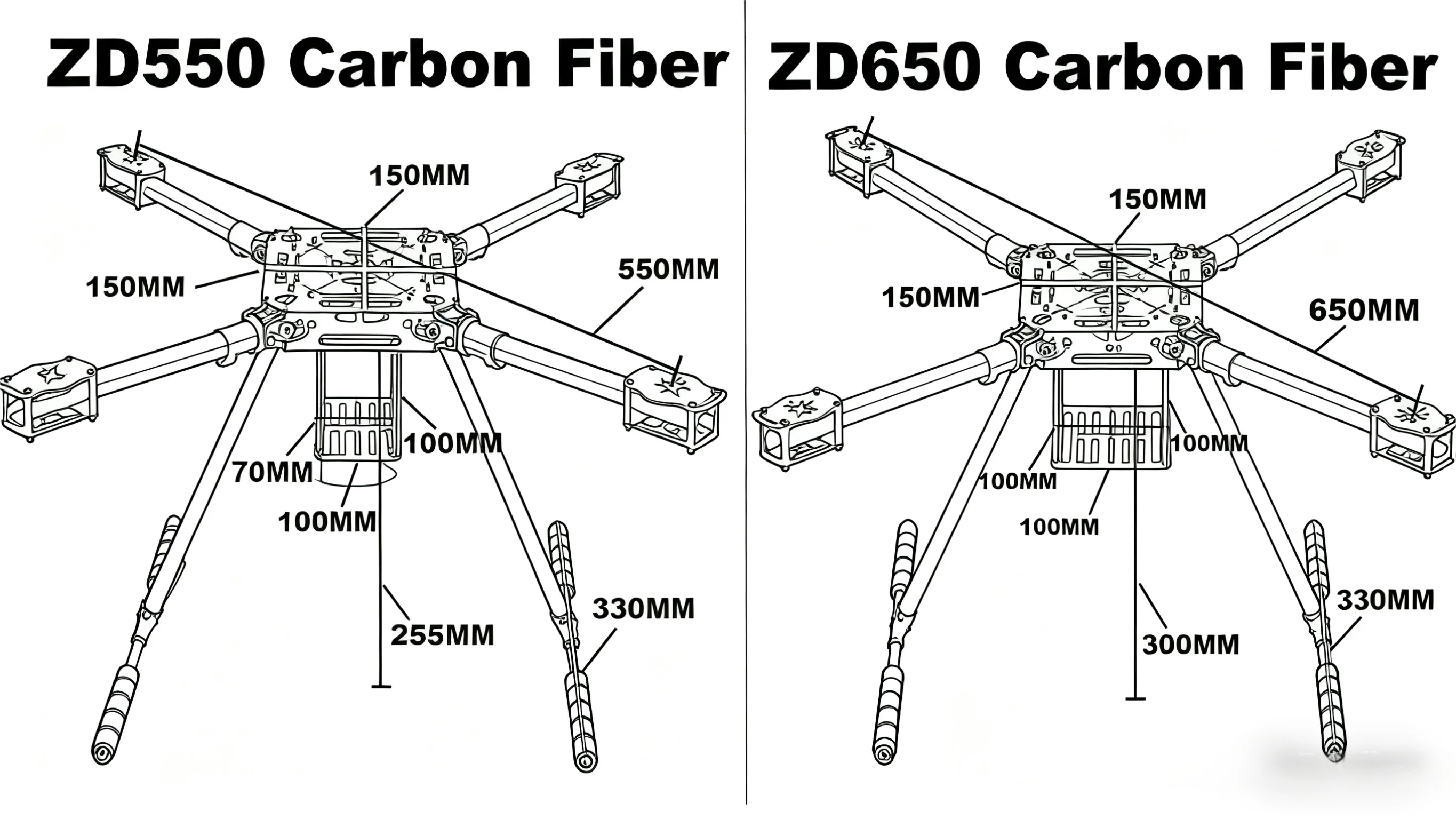 Angeltoy ZD550 550mm/ZD650 650mm Carbon fiber Quadcopter Frame FPV Quad with Carbon Fiber Landing Skid F550