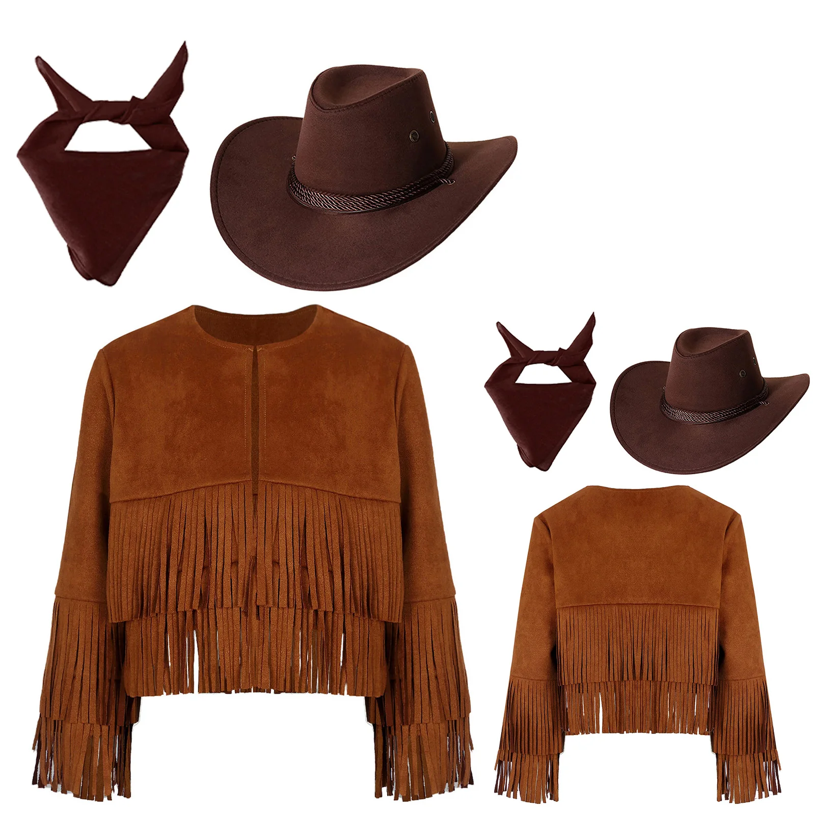 Unisex Kids Western Cowboy Costume Open Front Cowboy Suede Vest Tassels Fringe Waistcoat And Hat Bandanna Set Halloween Dress Up view 3