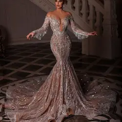 Magnificent Mermaid Wedding Dresses Shining Sequins Beads Tassels Long Sleeves Sweep Train Bridal Custom Made Robe De Mariée