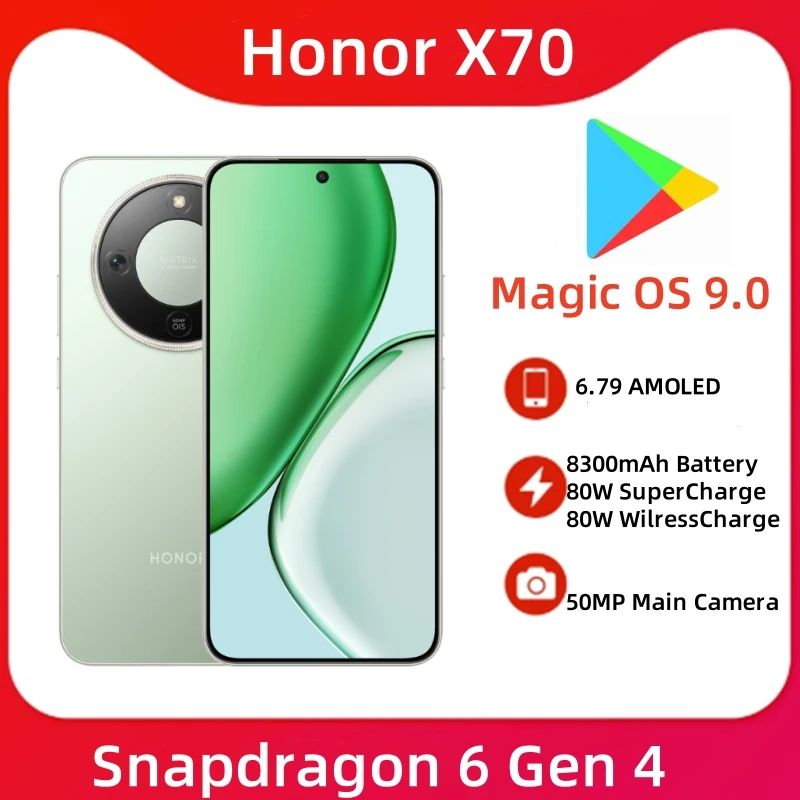 Teléfono móvil Original HONOR X70 5G pantalla AMOLED de 6,79 pulgadas Snapdragon 6 Gen 4 batería 8300mAh teléfono inteligente Google Play