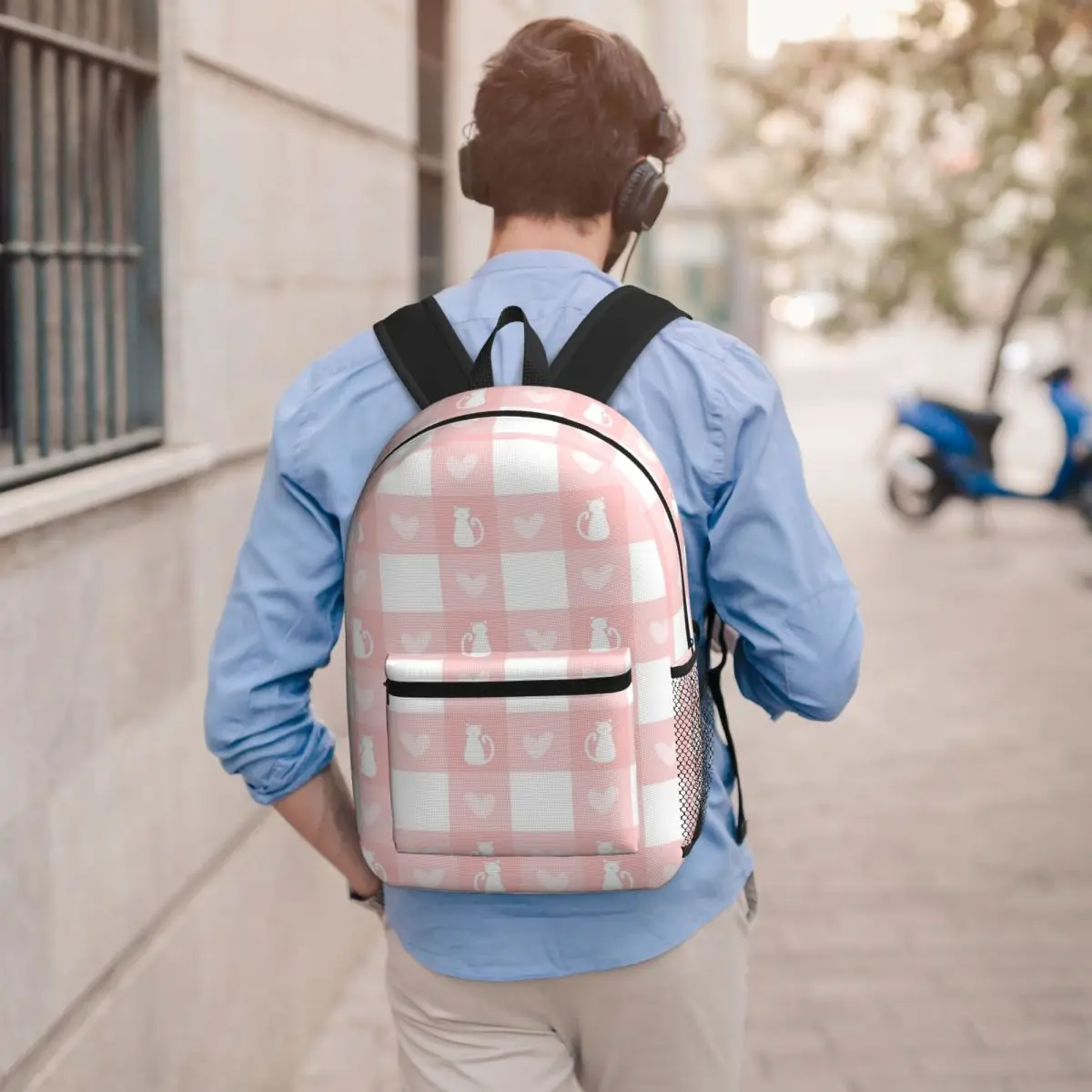 

Adorable Cat Pink Grid Backpack Boys Girls BookBag Kids School Bag Computer Shoulder Bags for Men Women