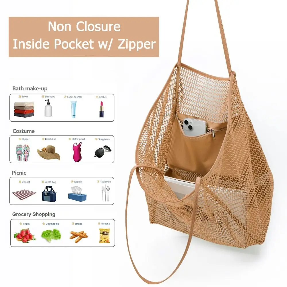 Portable Nylon Mesh Tote Bag Black Khaki Pink Large Capacity Shoulder Bags Lightweight Beach Handbags for Summer