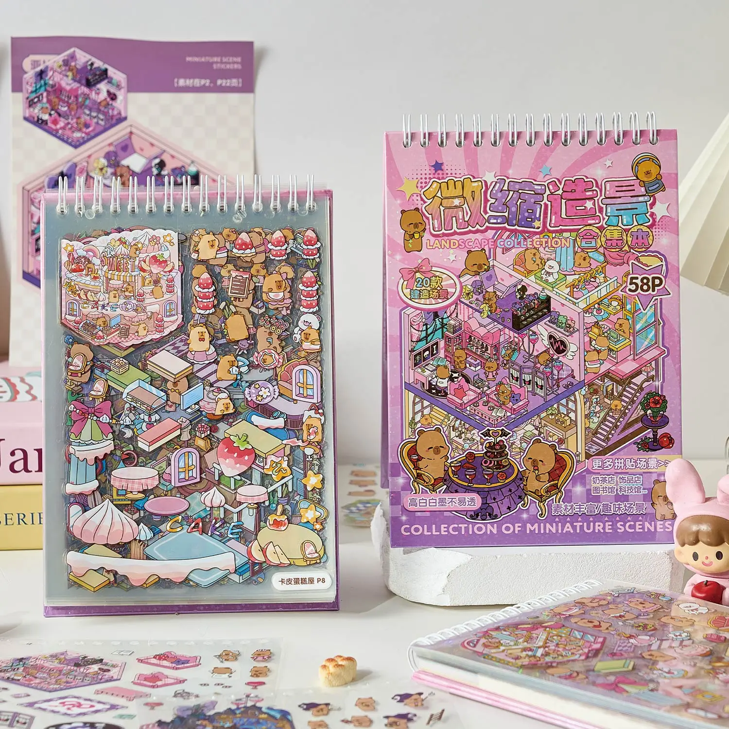 58pcs/kantong Stiker Miniatur Pemandangan Kawaii Buku Stiker Guinea Pig Town 6.0 DIY Pemandangan 3D untuk Jurnal Hadiah Penghilang Waktu