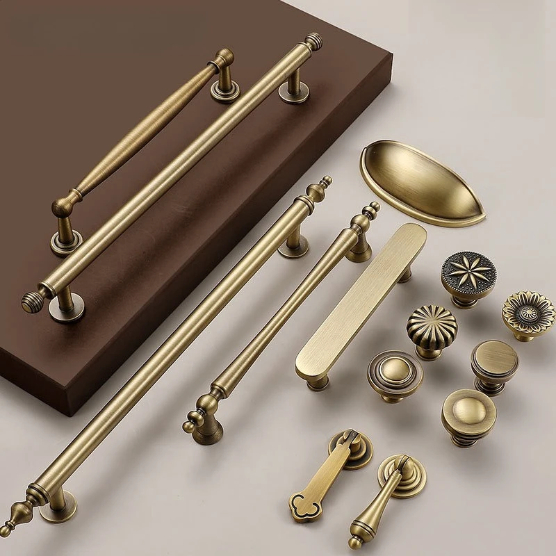 Kitchen Hardware Ball Single Hole T-shaped Retro American Style Cabinet Wardrobe Long Handle Solid Brass Luxury Antique Handle