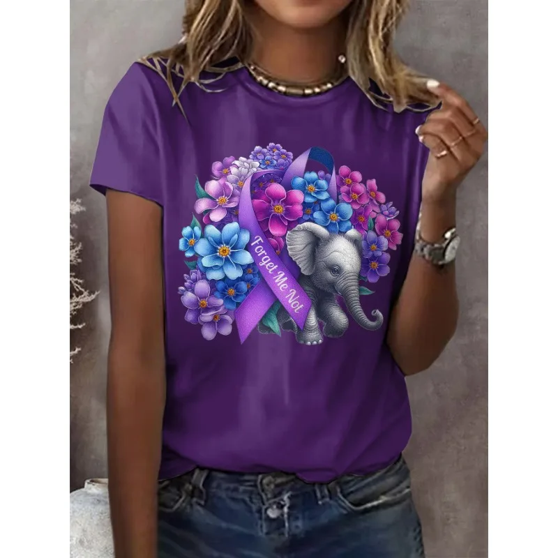 Women's Forget Me Not Print T-Shirts Short Sleeve T Shirt Summer Casual Tops