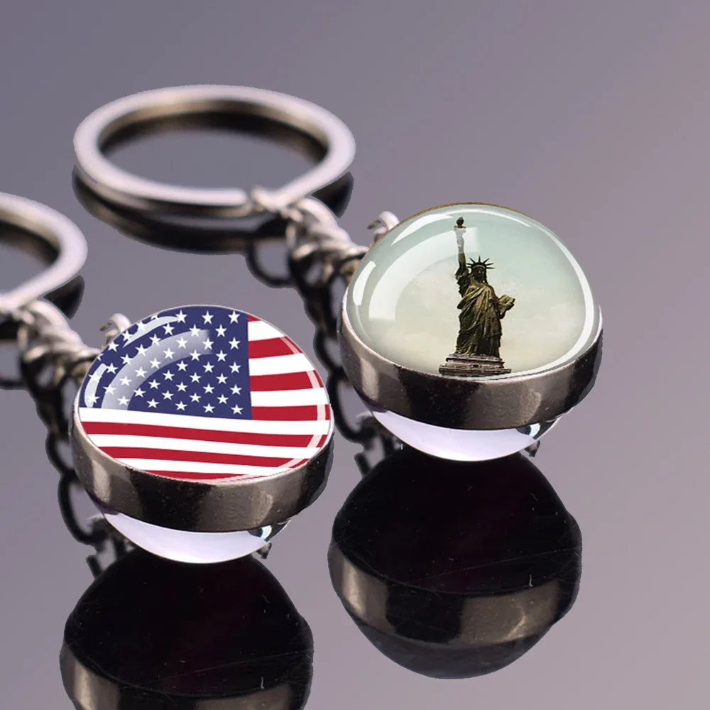 USA Independence Day Keychains United States Flag Statue of Liberty July Fourth Jewelry Two Sides Glass Ball Pendant Key Chains