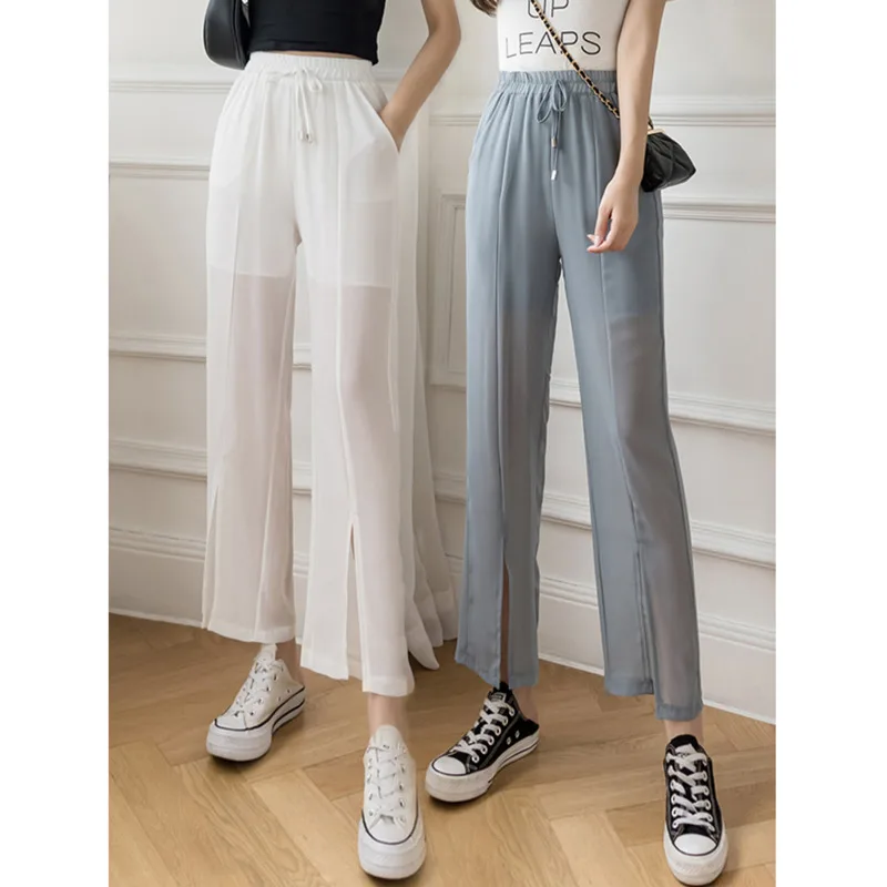 

White Chiffon Pants Women Korean Fashion High Waist Wide-leg Trousers Summer Harajuku Casual Split Straight Pantalones De Mujer