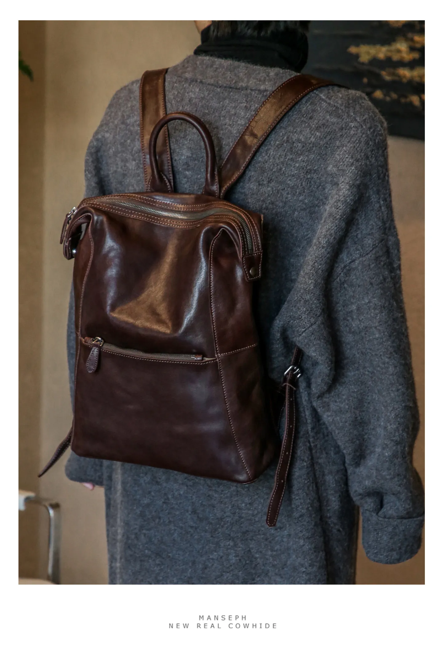 PNDME einfacher Vintage-Rucksack aus hochwertigem echtem Leder für Damen, lässiger, luxuriöser Schulrucksack aus pflanzlich gegerbtem Rindsleder für den täglichen Gebrauch. – Detail 1
