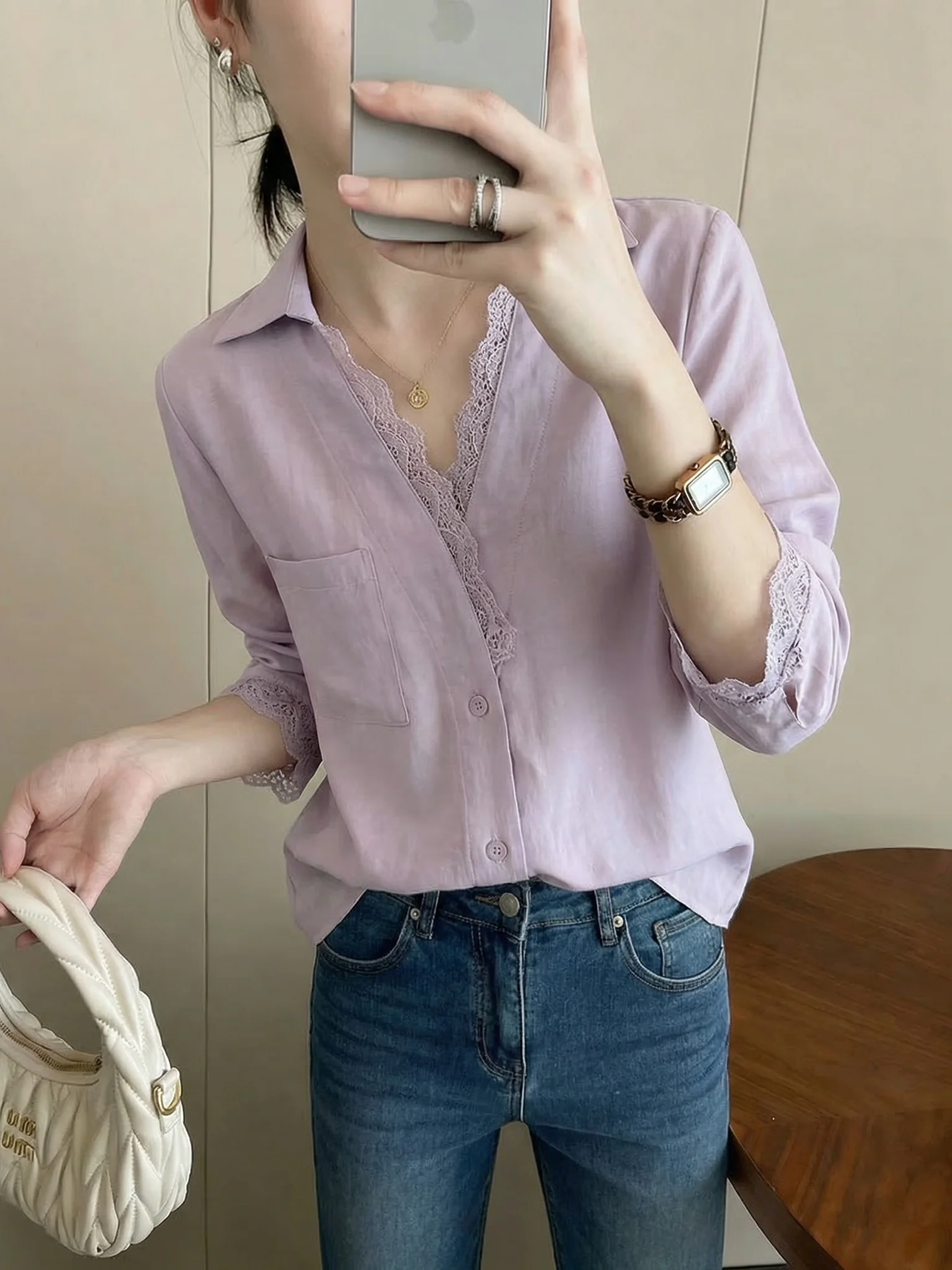 

Elegant Purple Lace Trim V-Neck Shoulder Shirt Women's plus Size Irregular Top Korean Style Commute Wind Loose Fit Long Sleeve