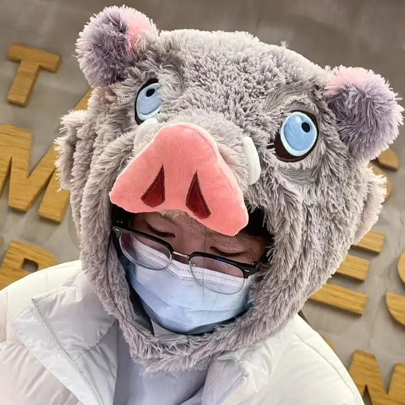 Cartoon Anime Demon Slayer Zippi Pig U-Shaped Pillow Plush Hat With Pig Head Cover Soft Stuffed Toy For Fans And Children