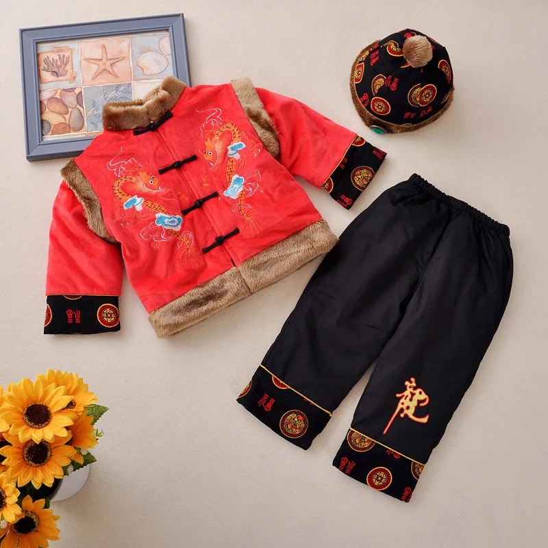 Chinese New Year Tang Suit Traditional Dragon Jacket Boys Vintage Button Tang Costumes Kids Kungfu Coat Pants Hanfu Outfits
