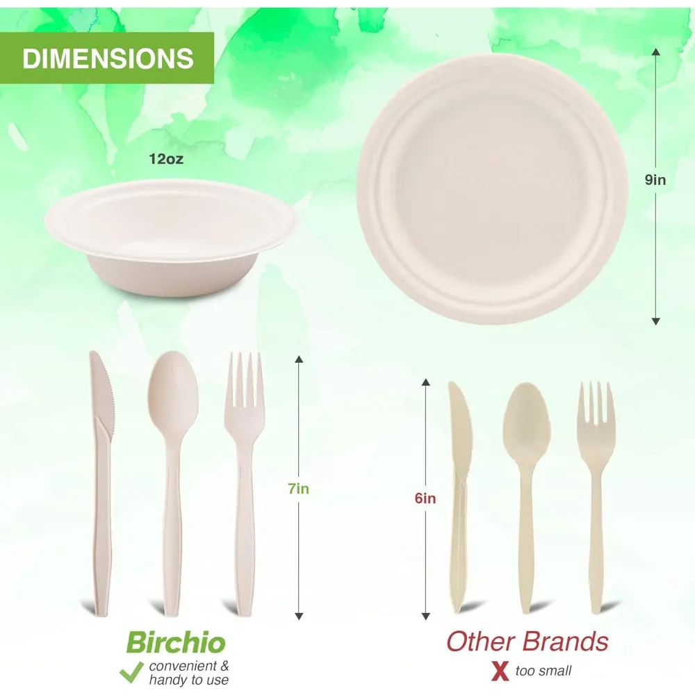 250 Piece (50 Sets) Biodegradable Paper Plates Set (EXTRA LONG UTENSILS), Disposable Dinnerware Set, Eco Friendly Compostable