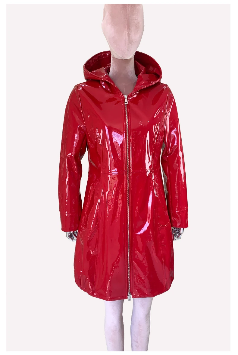 Nerazzurri Spring Fitted Waterproof Shiny Reflective Black Patent Faux Leather Jacket Women with Hood Zipper Red Autumn Clothes
