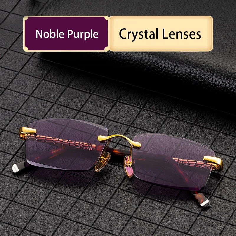 

Purple Crystal Reading Glasses Women Acetate Rimless Glass Presbyopic Diopter Natural Stone Mineral Lens +1.0 +4.0 Top Quality