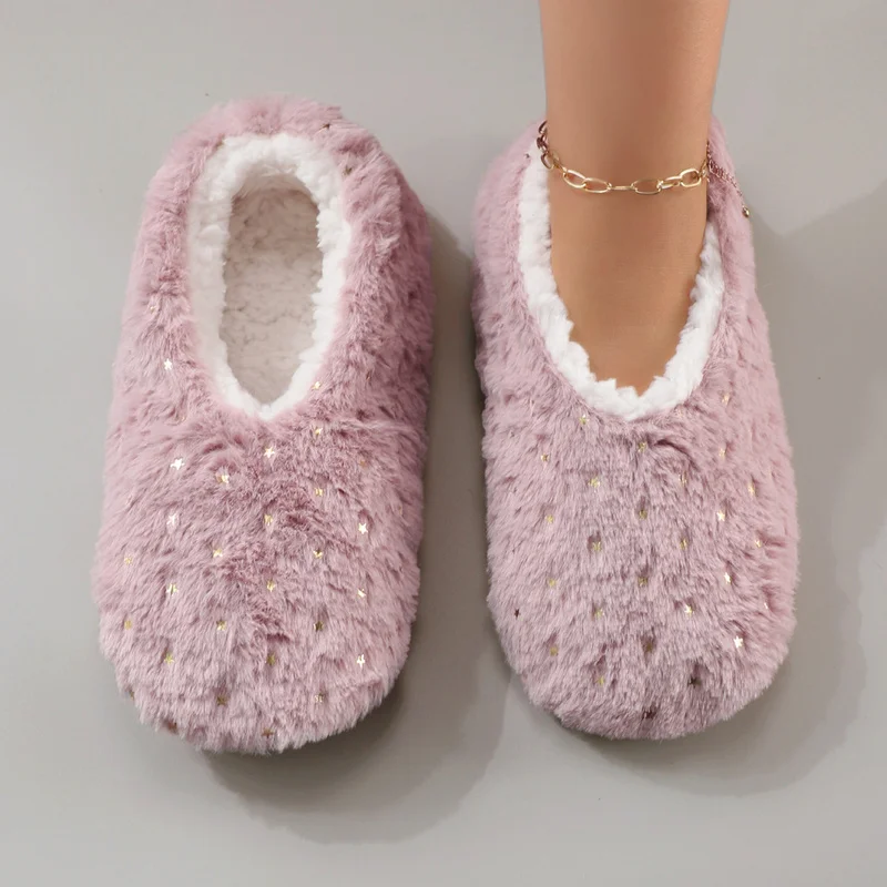 Fashionable Shiny Gold-Embossed Star-Patterned Plush Warm Women's Home Slippers with Anti-Slip Sole