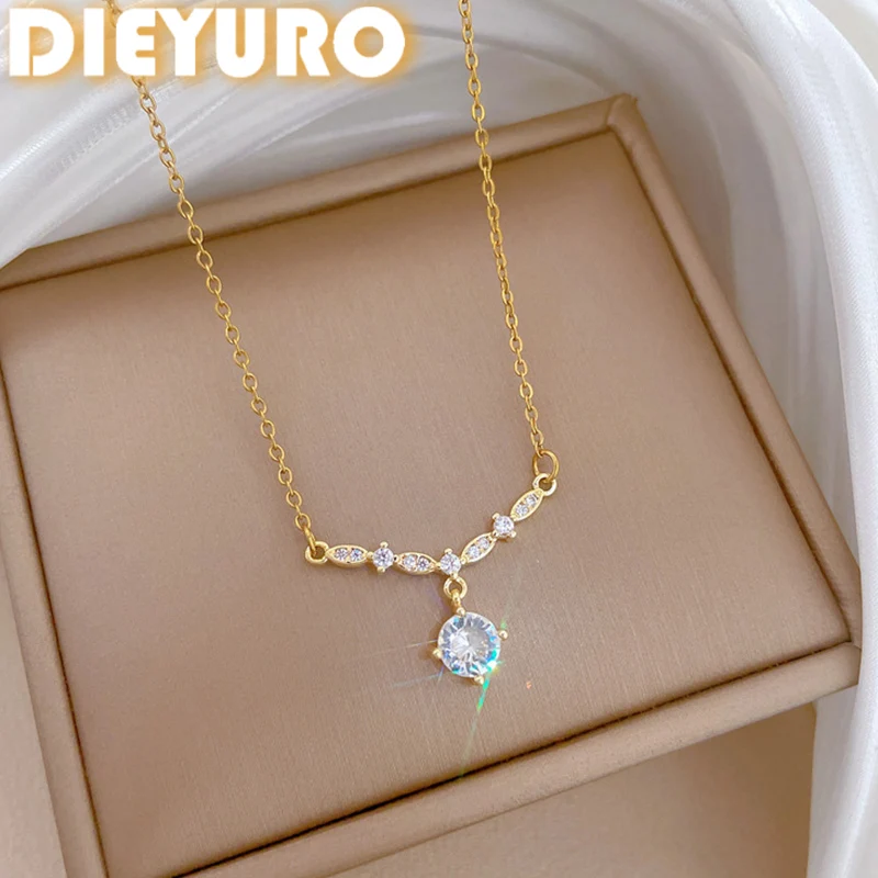 DIEYURO 316L Stainless Steel Dainty with Round Sparkling Zircon Pendant Y-Style Chain Necklace Lady Fashion Neck Chain Jewelry