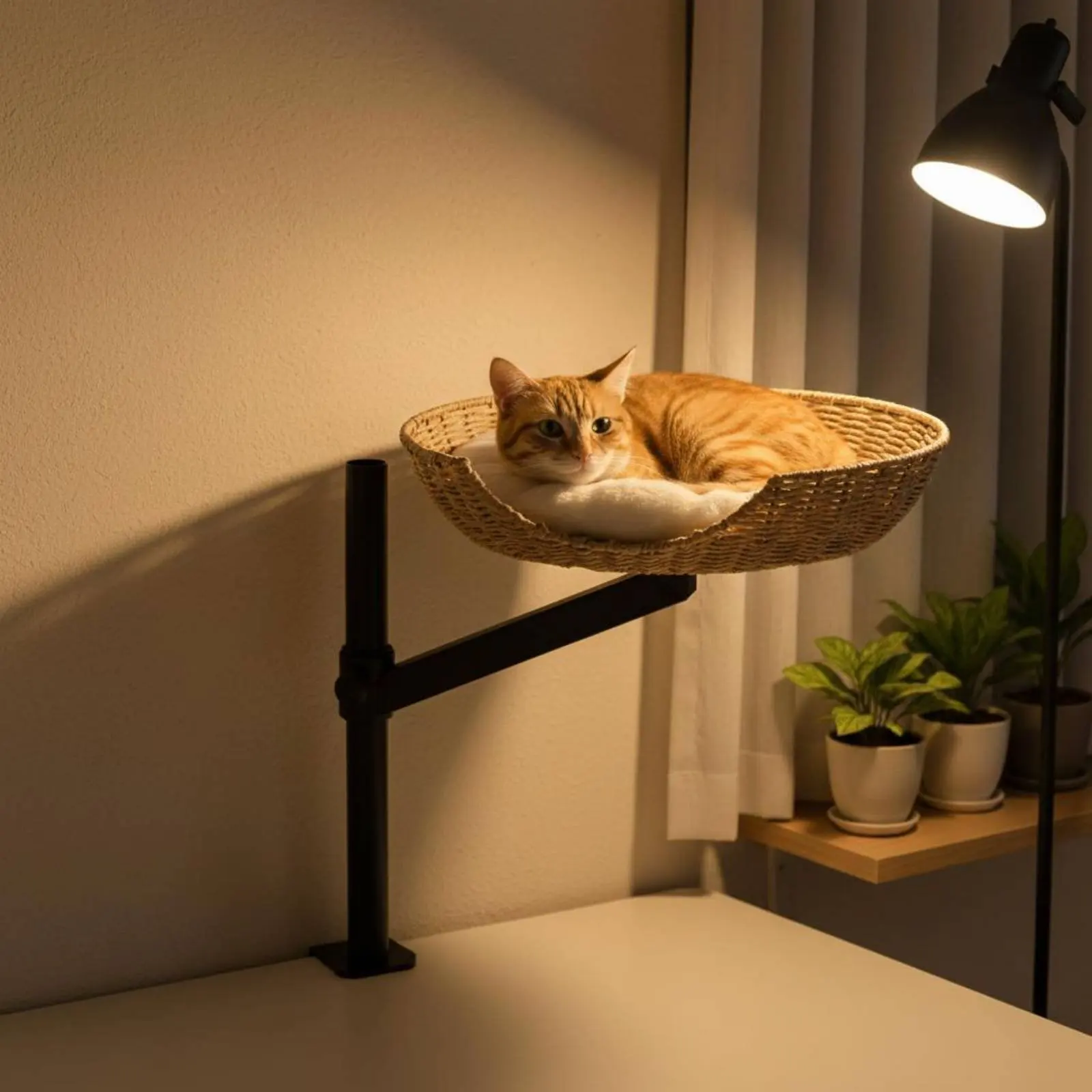 

Desktop Feline Bed Adjustable Height Rotating Feline Bed Stand Pet Furniture Soft Faux Plush Material Non Slip Base for Tabletop