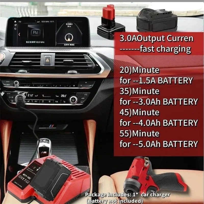 Portable Car Charger for Milwaukee 12V/18V Li-Ion Battery 48-11-2402 Cigarette Lighter Plug Quick Charger with LED Indicator