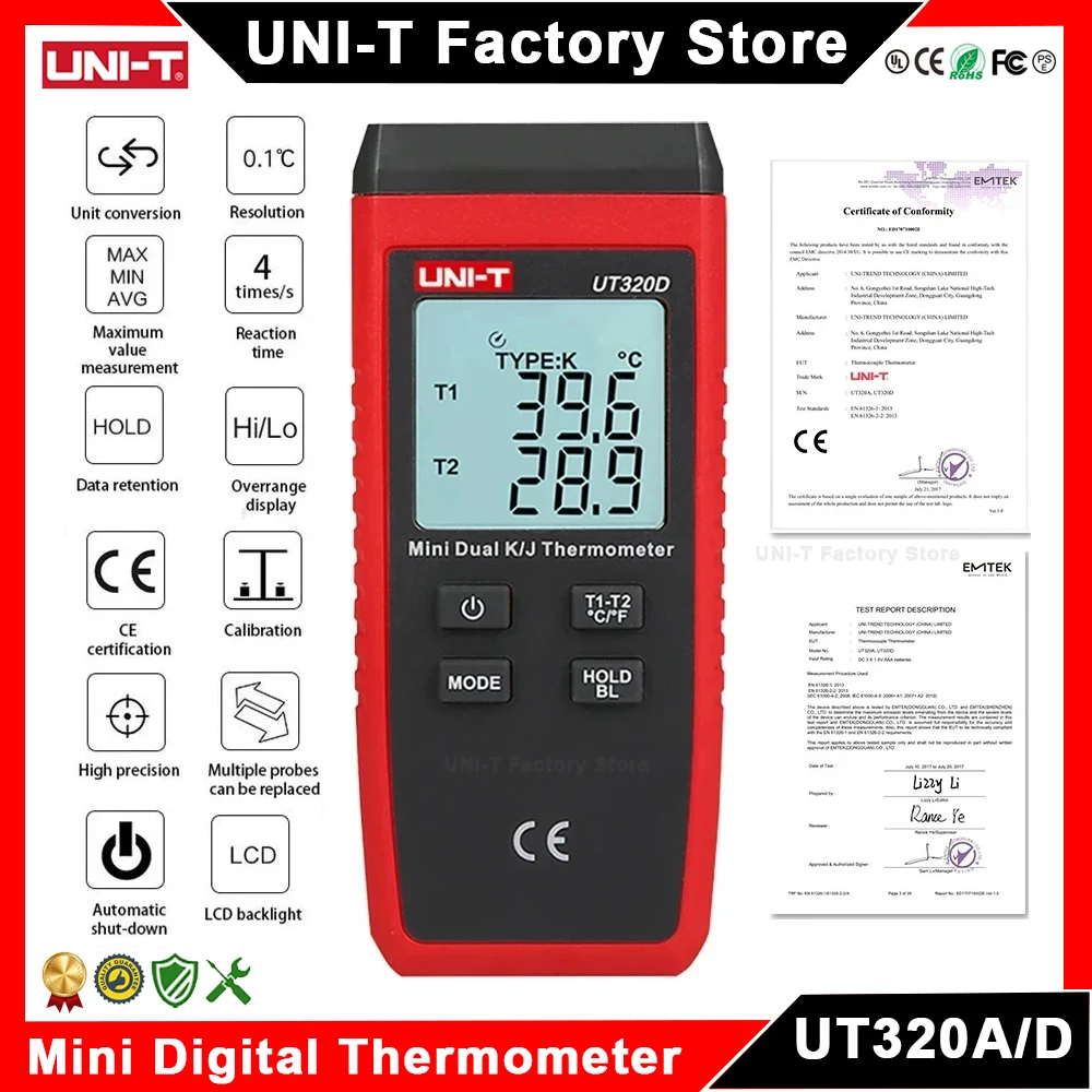 ترمومتر رقمي صغير ، مزدوج K J نوع حراري ، مقياس اختبار درجة حرارة عالية ، UT320A ، UT320D ،-50 ℃ إلى ℃